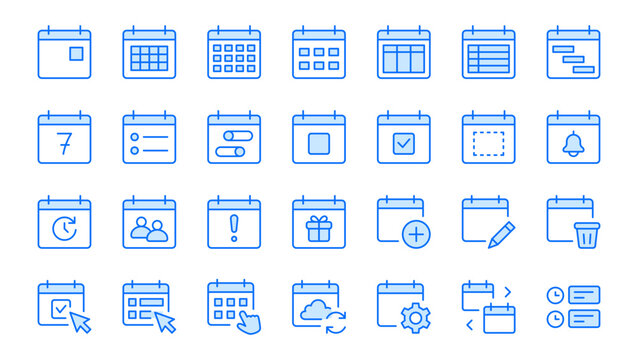 Calendar line icon set. Month view, agenda, event editing, reminders, sync minimal vector illustrations. Simple outline signs for planners and scheduling. Blue color. Editable Stroke