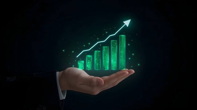 Planning and strategy, Stock market, Business growth, progress or success concept. Businessman or trader is showing a growing virtual hologram stock, invest in trading. Height return.