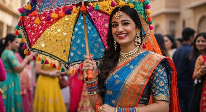 Woman in vibrant sari, colorful umbrella (1)