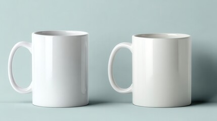 Fototapeta premium Two white ceramic mugs stand on a blue surface. Perfect for showcasing branding, logos, or text.