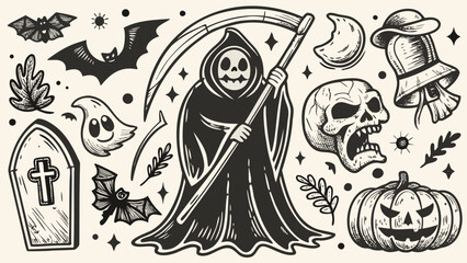 Illustration of halloween themed elements including grim reaper and pumpkin design vector