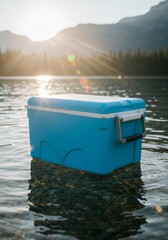 Blue Plastic Cooler Floating in Calm Mountain Lake at Sunset