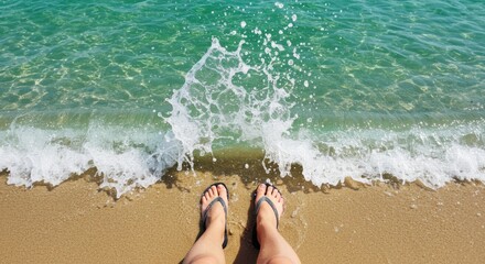 Person's Feet in Sandals on Sandy Beach with Waves Splashing