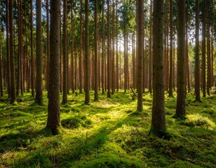 Sunny forest floor with moss