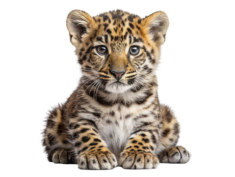 Adorable baby leopard cub with striking blue eyes and distinctive spotted fur sitting calmly isolated on transparent background