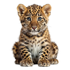 Obraz premium Adorable baby leopard cub with striking blue eyes sitting and looking forward isolated on transparent background