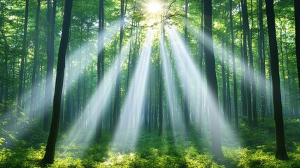 Fototapeta premium Sunbeams in the Forest: Sunbeams pierce through the dense canopy of a lush forest, illuminating the forest floor in a magical display of light and shadow.