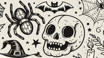 Black and white halloween themed illustration featuring a skull, spider, bat, witch hat and candle art
