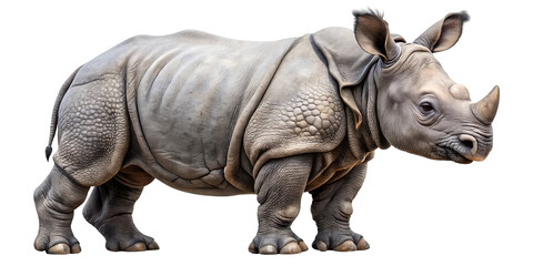 Naklejka premium A detailed full body view of a powerful indian rhinoceros standing with its head turned slightly to the right isolated on transparent background