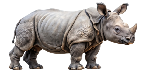 A detailed full body view of a powerful indian rhinoceros standing with its head turned slightly to the right isolated on transparent background