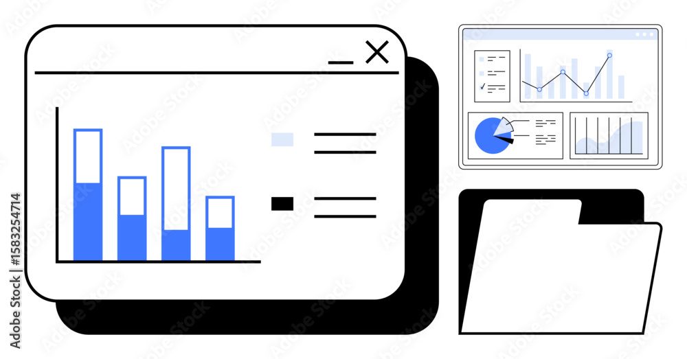 Poster bar chart with comparative data, analytics dashboard featuring graphs and pie chart, open folder. id