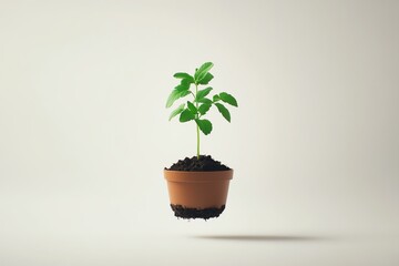 Fototapeta premium small plant pot with visible soil, floating on white surface, crisp and modern, productinuse concept