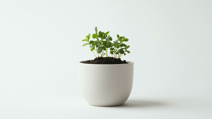Fototapeta premium small plant pot with visible soil, pure white studio setting, highend branding style, crisp and modern