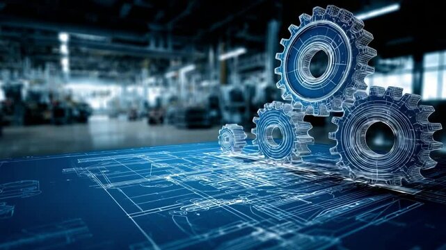 Industrial blueprint: An illustration of machine cogs placed atop a detailed blueprint, representing intricate industrial mechanisms within a factory setting.