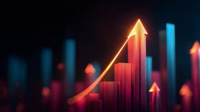 Uptrend Graph Arrow: A financial uptrend is graphically displayed using red and blue bars and arrow that symbolizing market growth and success.
