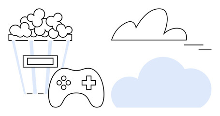 Popcorn bucket, game controller, and two clouds symbolize entertainment, gaming, relaxation, streaming, media cloud storage and technology. Ideal for digital entertainment. Simple flat metaphor