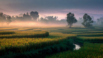 Autumn rice field landscape with glowing haze