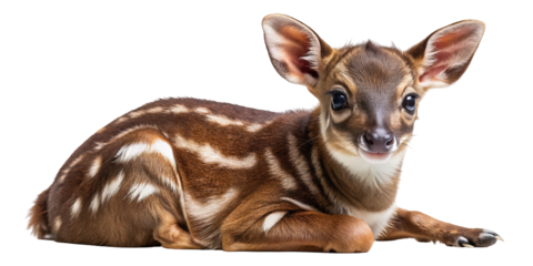 Adorable baby water chevrotain with distinctive stripes lying down and looking at the camera isolated on transparent background