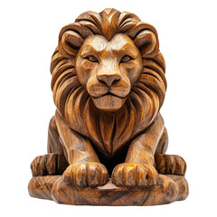 Front view of a hand-carved wooden lion sculpture isolated on a white transparent background.