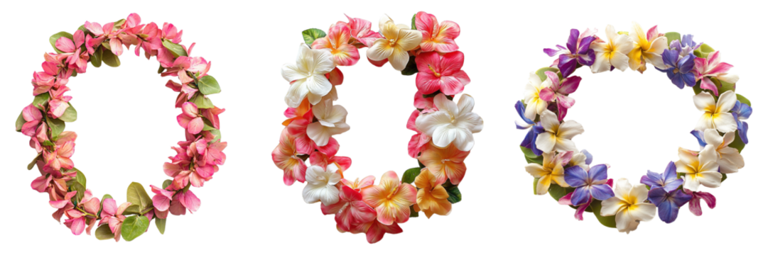 Set of Flower Garlands Made of Vibrant Artificial Blossoms in a Circular Lei Design Isolated on Transparent Background