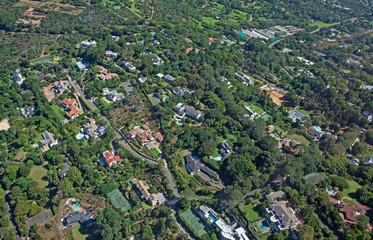 Aerial view of the hillside of the upmarket suburb of Newlands in the southern suburbs of Cape Town