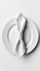 napkin folded neatly on white dish, isolated on white background, realistic texture details, lifestyleinspired composition