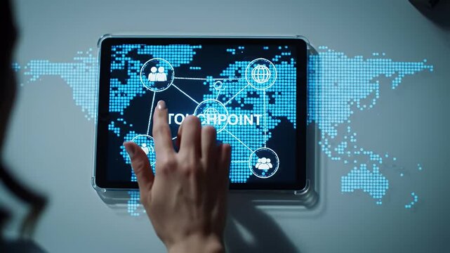 Hand Touching Digital Tablet Displaying a Global Touchpoint Network on Gray Desk with Minimalist Corporate Theme and Blue Highlights