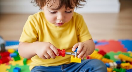 Focused little boy playing with colorful building blocks and screwdriver toy at home