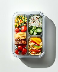 lunchbox with prepared meal, floating on white surface, subtle natural shadows, clean product focus