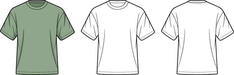 Front and back view, flat vector t-shirt design, short sleeve shirt, fashion apparel template, blank sketch, crew neck
