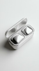 earbuds in charging case, bright white background, visually balanced mockup, premium commercial look
