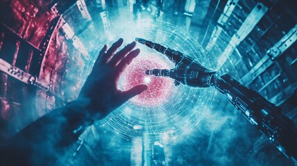 A human hand and a robotic arm interact with a digital sphere.