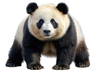 A majestic giant panda bear with distinctive black and white fur stands facing forward isolated on transparent background