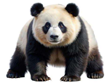 A majestic giant panda bear with distinctive black and white fur stands facing forward isolated on transparent background