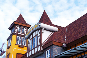 The appearance of magnificent and beautiful buildings, restaurants and cafes in European style with pointed roofs.