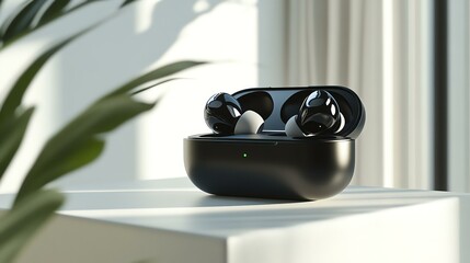 earbuds in charging case, floating on white surface, realistic texture details, crisp and modern
