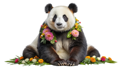 Adorable giant panda bear wearing a colorful flower garland sitting amongst blooms isolated on transparent background
