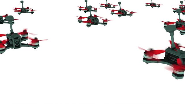 swarm of fpv drones on white bg robot attack