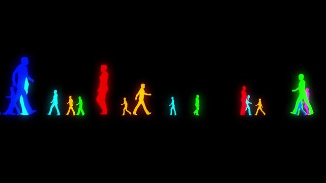 neon people crowd walk on black bg