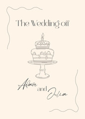Elegant wedding invitation with hand-drawn cake and script typography. Minimalist beige design, perfect for romantic and vintage-themed wedding cards.
