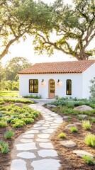 Obraz premium Picturesque Path to a Home: A captivating view unfolds, showcasing a charming home with an inviting stone pathway, nestled amidst meticulously landscaped greenery under a warm, sun-drenched sky.