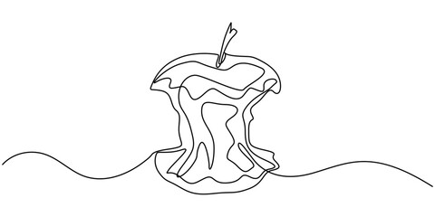 Apple core continuous line drawing art. Abstract simple apple core. One line continuous outline isolated vector illustration, A continuous single line drawing of an apple core, symbolizing nature.
