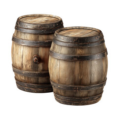 Fototapeta premium Two realistic wooden barrels isolated against a transparent background perfect for design projects