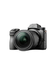 Fototapeta premium A detailed studio shot of a black mirrorless camera with a large lens on a black background