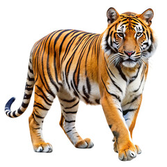 Obraz premium Majestic bengal tiger with striking orange and black stripes standing proudly on a transparent background isolated on transparent background