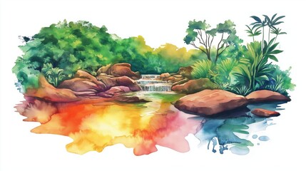 Cano Cristales - Rainbow River. Cano Cristales - Rainbow River hand drawn watercolor illustration