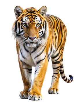 Majestic bengal tiger walking forward with intense gaze and striking orange and black stripes isolated on transparent background