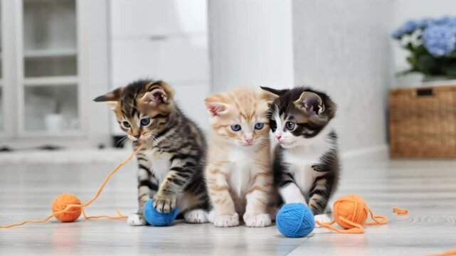 cute kittens playing with a ball of thread