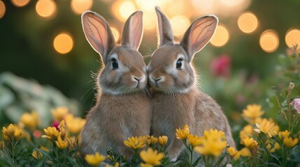 Two adorable rabbits gently touching noses among spring flowers at golden sunset.