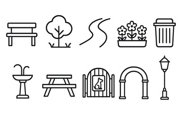 Park and recreation icon set. nature, leisure symbols outline collection